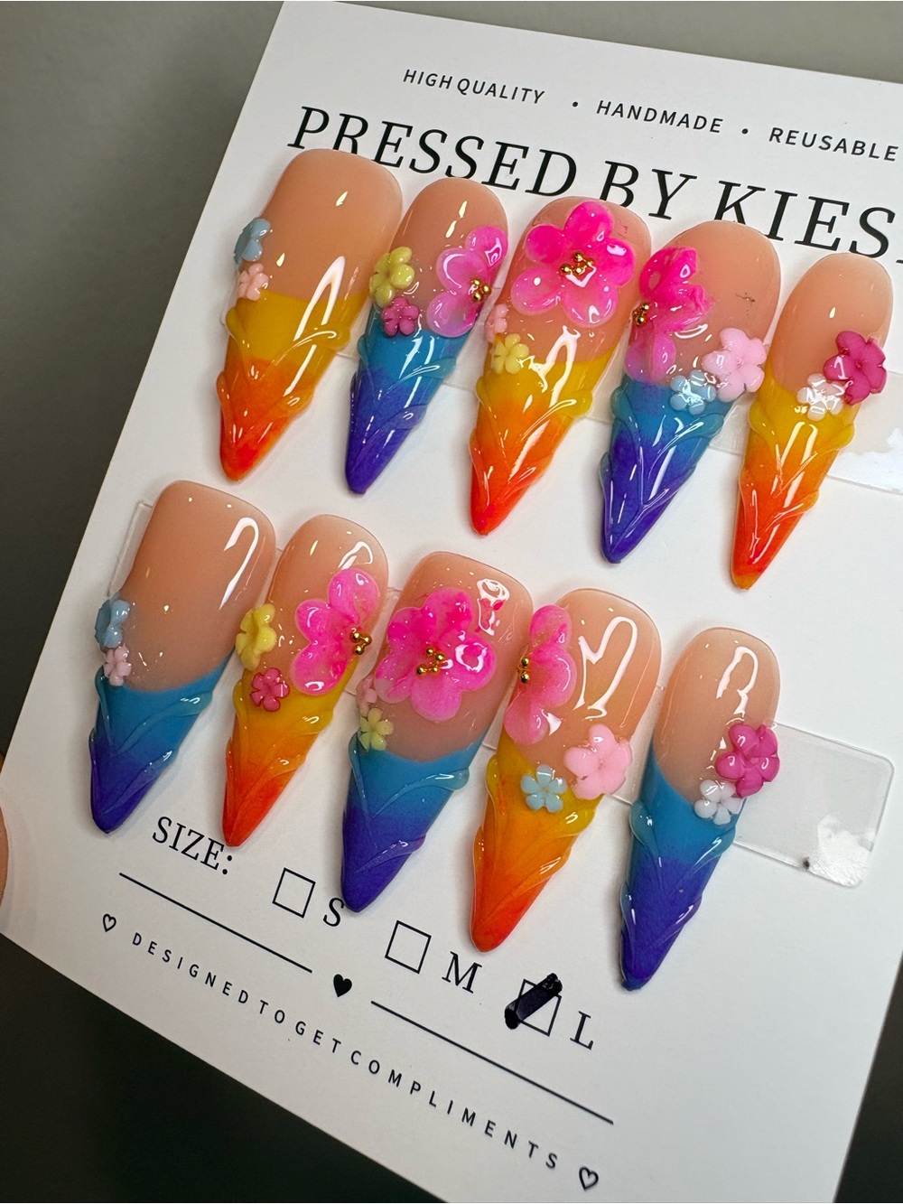 Handmade Gradient Stiletto Press-On Nails with 3D Flowers - Multicolor